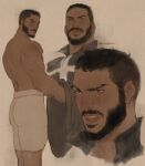  1boy ass bara beard black_hair blush boxers brown_theme buzz_cut castlevania castlevania:_nocturne cross_print dark-skinned_male dark_skin facial_hair feet_out_of_frame forked_eyebrows gabe_(bloodiedflora) highres looking_ahead looking_to_the_side male_focus male_underwear mature_male mizrak_(castlevania) multiple_views muscular muscular_male pants pectorals priest short_hair shy thick_eyebrows thick_mustache topless_male underwear undressing very_short_hair white_male_underwear 