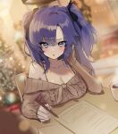  1girl :o absurdres alternate_costume blue_archive blurry blurry_background blush bokeh breasts brown_sweater cleavage coffee collarbone commentary depth_of_field hair_ribbon halo hand_on_own_cheek hand_on_own_face head_rest highres holding holding_pen hovaku indoors large_breasts long_sleeves looking_at_viewer off-shoulder_sweater off_shoulder paper pen purple_eyes purple_hair ribbon solo steam sweater two_side_up yuuka_(blue_archive) 