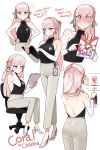  backless_outfit coral_(fate) earrings english_text fairy fairy_wings fate/grand_order fate_(series) hands_on_own_hips high_heels highres jewelry lanyard magazine_(object) monkey_jon pants pink_hair pointy_ears sweatpants wings 