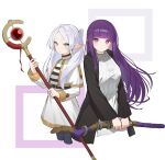  2girls absurdres black_jacket blunt_bangs closed_mouth cowboy_shot fern_(sousou_no_frieren) frieren green_eyes highres holding holding_staff jacket long_hair long_sleeves looking_at_viewer mo80_rr multiple_girls pointy_ears purple_eyes purple_hair serious short_eyebrows simple_background sousou_no_frieren staff thick_eyebrows white_hair 