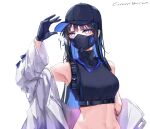  1girl absurdres bare_shoulders baseball_cap black_headwear blue_archive blue_eyes blue_gloves blue_hair blue_shirt coat commentary commission crop_top gloves hand_up hat highres long_hair long_sleeves mask midriff mouth_mask navel off_shoulder open_clothes open_coat saori_(blue_archive) shirt simple_background sleeveless sleeveless_shirt solo sstthei stomach upper_body very_long_hair white_background white_coat 