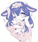  1girl animal_ears ao_no_neko blue_theme bow chibi eating food hair_bow hair_flowing_over holding holding_food in_palm limited_palette long_hair loose_socks mini_person minigirl no_shoes original rabbit_ears socks solo_focus very_long_hair white_background 