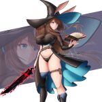  amiya_(arknights) animal_ears arknights blue_eyes book breasts brown_hair corset floating floating_book floating_object hat highres large_breasts ponytail rabbit_ears sword thong weapon witch witch_hat yolo_generations 