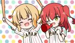  2girls :d ;d ^_^ baseball_bat blonde_hair bocchi_the_rock! closed_eyes commentary_request crossover gochuumon_wa_usagi_desu_ka? green_eyes hair_between_eyes holding holding_baseball_bat kirima_syaro kita_ikuyo long_hair megaphone mitya multicolored_polka_dots multiple_girls one_eye_closed one_side_up polka_dot polka_dot_background red_hair shirt short_sleeves simple_background smile twitter_username white_background white_shirt 