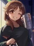  1girl ;d asahi_breweries bag beer_can black_shirt blush breasts brown_hair can grin highres holding holding_bag holding_can idolmaster idolmaster_cinderella_girls jacket jacket_partially_removed kamille_(vcx68) katagiri_sanae looking_at_viewer medium_breasts night night_sky one_eye_closed outdoors plastic_bag shirt sky smile solo twintails upper_body utility_pole 