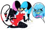  2022 anthro asmodeus_(helluva_boss) bed blue_body blue_fur blue_hair blush bodily_fluids boots breasts clothing collar crossgender demon dildo dildo_in_pussy dildo_insertion duo empty_eyes fangs female fizzarolli_(helluva_boss) footwear fur furniture genital_fluids hair helluva_boss hi_res imp legwear mature_female mtf_crossgender nipples on_bed open_mouth open_smile penetration pussy_juice sex_toy sex_toy_in_pussy sex_toy_insertion simple_background skeleslay smile teeth thick_thighs thigh_boots thigh_highs traditional_media_(artwork) vaginal vaginal_penetration white_background yellow_eyes 