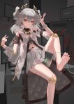  1girl absurdres ai_dongdong barefoot between_legs between_toes charger closed_mouth computer dress drill_hair earrings grey_dress grey_hair grey_skirt hair_ornament highres honkai_(series) honkai_impact_3rd jewelry keyboard_(computer) looking_at_viewer monitor prometheus_(honkai_impact) red_eyes see-through see-through_dress sitting skirt soles solo tablet_pc toes twin_drills 