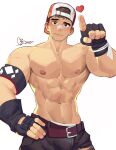  abs armband backwards_hat bandaid bandaid_on_face bara baseball_cap belt beom_liben black_gloves black_pants blush breezem18 brown_eyes brown_hair bulge bulge_peek fingerless_gloves gloves hand_on_own_hip hat heart highres index_finger_raised large_pectorals looking_at_viewer male_focus male_underwear male_underwear_peek muscular muscular_male nipples original pants pectorals pubic_hair pubic_hair_peek red_belt smile thick_eyebrows topless_male underwear 