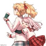  2girls :d absurdres ahoge black_sleeves blonde_hair blue_skirt blush bow child closed_eyes coffee_cup collared_shirt cup disposable_cup elisa_celjska female_child fleur-de-lis from_behind hair_bow highres holding holding_cup holy_maiden_academy_school_uniform hug hug_from_behind jacket jewelry kamihama_university_affiliated_school_uniform layered_sleeves long_sleeves low_tied_sidelocks magia_record:_mahou_shoujo_madoka_magica_gaiden mahou_shoujo_madoka_magica medium_hair miniskirt multi-tied_hair multiple_girls pink_hair plaid plaid_skirt pleated_skirt ponytail red_bow red_eyes red_sailor_collar red_skirt red_sweater ribbed_sweater ring rioran sailor_collar sailor_shirt school_uniform serafuku shirt short_over_long_sleeves short_sleeves sidelocks simple_background skirt smile surprised sweater swept_bangs tamaki_ui twintails twitter_username wavy_hair white_background white_jacket white_shirt 