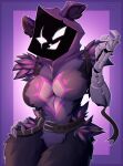  2023 absurd_res anthro bear breasts claws clothing digital_media_(artwork) epic_games eye_scar facial_scar female fortnite fur hi_res hood looking_at_viewer mammal metal_arm purple_body raven_team_leader scar simple_background smile solo thick_thighs ursine wide_hips xintro 
