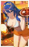 1girl alcohol beer beer_mug blue_eyes blue_hair border breasts chair chicken_(food) cleavage cup fire_emblem fire_emblem_awakening foam food hairband highres holding holding_cup holding_tray hooters hsin leaning_forward lucina_(fire_emblem) mug orange_shorts parted_lips plate short_shorts shorts small_breasts solo symbol-shaped_pupils tank_top thighs tiara tile_floor tiles tray white_border white_tank_top 