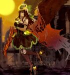  1girl bandaged_arm bandages bow breasts cape expressionless fishnets full_body green_bow hair_bow halo highres large_breasts long_hair looking_to_the_side reiuji_utsuho solo tomatolover16 touhou weapon wings 