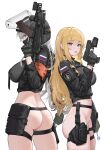  2girls ammunition_pouch ass assault_rifle black_jacket black_mask blonde_hair blue_eyes blush bottomless breasts candy combat_helmet cowboy_shot finger_on_trigger food gloves grey_hair gun handgun helmet highres holding holding_candy holding_food holding_gun holding_lollipop holding_weapon holster jacket large_breasts laser_sight load_bearing_equipment lollipop long_hair looking_at_viewer looking_back looking_to_the_side marker mask mouth_mask mp443 multiple_girls optical_sight original pasgt_helmet pouch rifle russian_flag sawkm skindentation smile standing tactical_clothes thigh_holster thigh_strap tongue tongue_out vertical_foregrip very_long_hair visor_(armor) visor_lift weapon 