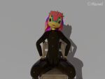  2023 anthro avali bdsm biped blender_(software) blender_cycles bondage bound chair clothing ears_down furniture hair hi_res male maxwelavali multicolored_ears open_mouth pivoted_ears rainbow_ears red_hair red_kitters rubber rubber_clothing rubber_suit sitting solo spread_legs spreading teeth tilting_head zipties 