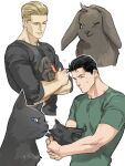  2boys albert_wesker animal black_cat black_rabbit_(animal) black_shirt blonde_hair carrot cat chris_redfield closed_eyes closed_mouth food green_shirt holding holding_animal male_focus multiple_boys rabbit resident_evil resident_evil_1 shirt short_hair simple_background tatsumi_(psmhbpiuczn) white_background 