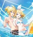  1boy 1girl ahoge bikini black_male_swimwear blonde_hair blue_bikini blue_eyes blue_sky bow breasts cloud collarbone commentary_request dutch_angle hair_bow hair_ornament hairband hairclip holding holding_innertube innertube kagamine_len kagamine_rin lens_flare looking_at_viewer male_swimwear midriff narrow_waist navel ocean open_mouth pale_skin partially_submerged scrunchie short_hair short_ponytail sidelocks single_vertical_stripe sky small_breasts smile string_bikini striped striped_bikini swim_trunks swimsuit vocaloid water water_drop white_bow wrist_scrunchie yellow_innertube yukihane_(snowowl515) 