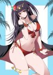  1girl bare_shoulders bikini blunt_bangs breasts cape cleavage commentary fe135700 fire_emblem fire_emblem_awakening fire_emblem_heroes flower grey_eyes hair_flower hair_ornament highres long_hair looking_at_viewer navel official_alternate_costume red_bikini smile solo swimsuit tharja_(fire_emblem) tharja_(summer)_(fire_emblem) thighs twintails 