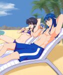  1boy 1girl absurdres assertive_female bad_source beach bikini black_hair blue_hair blush breasts chair commission commissioner_upload couple day drinking_straw dripping eye_contact fire_emblem fire_emblem:_genealogy_of_the_holy_war fire_emblem_heroes food hair_down headband highres holding holding_food holding_popsicle ice_cream juice_box larcei_(fire_emblem) looking_at_another lounge_chair lying male_swimwear melting navel ocean open_mouth palm_tree popsicle rs40uchiha seliph_(fire_emblem) sexually_suggestive summer swim_trunks swimsuit tomboy tree 