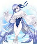  1girl bare_shoulders blue_choker blue_eyes blue_one-piece_swimsuit blue_ribbon blush choker fate/grand_order fate_(series) feet_out_of_frame frilled_one-piece_swimsuit frills hair_ribbon highleg highleg_swimsuit highres long_hair looking_at_viewer meltryllis_(fate) meltryllis_(swimsuit_lancer)_(fate) meltryllis_(swimsuit_lancer)_(second_ascension)_(fate) one-piece_swimsuit prosthesis prosthetic_leg purple_hair ribbon sleeves_past_fingers sleeves_past_wrists smile solo strapless strapless_swimsuit swimsuit thigh_gap very_long_hair yamuimo 