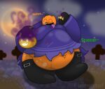  2018 animal_crossing belly belly_expansion big_belly boots candy clothing concrete_floor dark dessert english_text expansion food footwear fruit gluttonousguzzlord green_text groaning growing growth halloween holidays jack_(animal_crossing) moobs nintendo onomatopoeia orange_text overweight plant pumpkin sequence slightly_chubby slob sound_effects text watermark weight_gain 