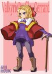  1girl blonde_hair blue_eyes bow breasts cape closed_mouth dated dress full_body gloves highres jelanda long_hair panties panties_under_pantyhose pantyhose puddinghomhom purple_skirt skirt solo staff underwear valkyrie_profile_(series) weapon 