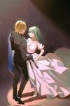  1boy 1girl bare_shoulders black_jacket black_pants black_ribbon blonde_hair blue_sash breasts byleth_(female)_(fire_emblem) byleth_(fire_emblem) cleavage couple detached_sleeves dimitri_alexandre_blaiddyd dress dress_shoes fire_emblem fire_emblem:_three_houses full_body green_eyes green_hair hair_between_eyes hand_on_another&#039;s_waist hetero highres jacket kyounatsuuu large_breasts long_dress long_hair long_sleeves looking_at_another medium_hair pants ribbon sash smile strapless strapless_dress suit_jacket white_dress white_footwear 
