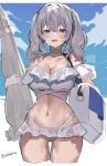  1girl bag beach_umbrella bikini blue_eyes blue_sky blush breasts cleavage cropped_legs day frilled_bikini frills grey_hair hair_between_eyes highres holding holding_beach_umbrella kantai_collection kashima_(kancolle) large_breasts long_hair looking_at_viewer one-hour_drawing_challenge open_mouth picoli1313 sky solo swimsuit twintails twitter_username umbrella wet 
