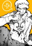  1boy absurdres black_hair chest_tattoo commentary_request earrings facial_hair finger_tattoo fur_hat goatee greyscale_with_colored_background hand_tattoo hat highres jewelry male_focus monochrome one_piece open_clothes open_mouth orange_background orange_eyes short_hair sideburns solo tattoo teeth trafalgar_law yotsumi_shiro 