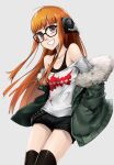  1girl ahoge behind-the-head_headphones black_shorts black_tank_top black_thighhighs fur-trimmed_jacket fur_trim green_jacket grin hands_in_pockets headphones jacket long_hair looking_at_viewer off-shoulder_shirt off_shoulder okamin orange_hair persona persona_5 sakura_futaba shirt short_shorts shorts smile solo tank_top teeth thighhighs thighs v-shaped_eyebrows very_long_hair 