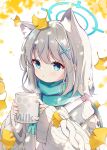  1girl animal_ear_fluff animal_ears blue_archive blue_eyes blue_scarf blush closed_mouth cross_hair_ornament cup extra_ears grey_hair hair_between_eyes hair_ornament holding holding_cup medium_hair scarf shiroko_(blue_archive) solo subin_(subin_2011) sweater upper_body white_sweater wolf_ears 