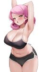  1girl arm_up armpits artist_name black_bra black_shorts blush bra breasts cleavage commentary eden_(shiroki_yuutsu) english_commentary highres large_breasts looking_at_viewer midriff navel open_mouth original pink_hair short_hair short_shorts shorts simple_background solo sweat underwear white_background yellow_eyes 
