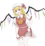  1girl :d ascot back_bow bare_legs blonde_hair bow breasts clothes_pull crystal feet_out_of_frame flandre_scarlet frilled_shirt_collar frills happy hat highres kashiwada_kiiho lifted_by_self long_hair looking_at_viewer medium_hair mob_cap one_side_up open_mouth red_bow red_eyes red_skirt red_vest short_sleeves simple_background skirt skirt_pull skirt_set small_breasts smile solo touhou vest white_background white_bow wings yellow_ascot 