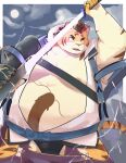  2023 anthro belly big_belly clothing cloud en_1_9 felid hi_res hitachi_(tamacolle) kemono male mammal moobs moon nipples outside overweight overweight_male pantherine solo tamacolle tiger underwear weapon 