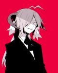  1boy ahoge black_jacket black_ribbon collared_shirt demon demon_boy demon_horns envi_(funamusea) fang funamusea greyscale_with_colored_background highres horns jacket long_hair low_ponytail male_focus neck_ribbon red_background red_eyes ribbon shirt smirk solo white_shirt zenryoku_eimin 