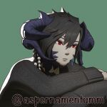  au_ra black_hair black_sweater colored_skin commentary commissioner_name dragon_horns english_commentary expressionless eyebrows_hidden_by_hair final_fantasy final_fantasy_xiv grey_skin highres horns koffo-art red_eyes ribbed_sweater scales sweater warrior_of_light_(ff14) 
