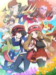  2girls 3boys absurdres az_(pokemon) bag beanie beard black_gloves black_hair black_thighhighs blonde_hair breasts calem_(pokemon) chesnaught closed_mouth delphox diantha_(pokemon) eyewear_on_headwear facial_hair fingerless_gloves floette floette_(eternal) gardevoir gloves gonzarez greninja hand_on_headwear hat highres jacket large_breasts lysandre_(pokemon) mega_gardevoir mega_pokemon miniskirt multiple_boys multiple_girls orange_hair pleated_skirt pokemon pokemon_(creature) pokemon_(game) pokemon_xy red_jacket red_skirt serena_(pokemon) skirt sleeveless smile thighhighs white_hair xerneas yveltal zettai_ryouiki 