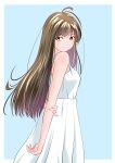  1girl antenna_hair arms_behind_back bare_shoulders blue_background brown_hair dress from_side highres light_smile long_dress long_hair looking_at_viewer original simple_background sleeveless sleeveless_dress sundress white_dress yamanaka_kouji_(yanchiki2001) 