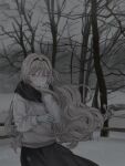  1girl an-94_(girls&#039;_frontline) bare_tree blonde_hair blue_eyes blush breath commission commissioner_upload floating_hair girls&#039;_frontline gloves grey_theme highres long_hair looking_at_viewer outdoors overcast sardine_(feshtail) scarf sky smile snow solo sweater tree winter 