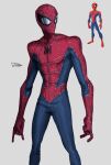  1boy absurdres bodysuit highres long_arms marvel mask red_bodysuit rxzarx signature simple_background solo spider-man spider-man_(series) standing the_spectacular_spider-man 