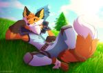  2023 anthro canid canine clothed clothing digital_media_(artwork) dipstick_tail epic_games feet fennix_(fortnite) fortnite fox fur gloves grass handwear hi_res jumpsuit knee_pads leo-wolf lying lying_on_grass lying_on_ground male mammal markings on_back orange_body orange_eyes orange_fur outside plant red_fox solo tail tail_markings tuft yellow_sclera 