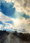  blue_sky building car cloud cloudy_sky day highres highway motor_vehicle no_humans original painting_(medium) power_lines road scenery shibakaka sky traditional_media utility_pole watercolor_(medium) 