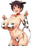  1girl animal_ears animal_print bell bikini blush breasts brown_hair choker cleavage cow_ears cow_print cow_print_bikini cow_tail elbow_gloves fake_animal_ears gloves groin highres huge_breasts idolmaster idolmaster_cinderella_girls looking_at_viewer navel neck_bell oikawa_shizuku print_thighhighs red_choker short_hair side-tie_bikini_bottom simple_background smile solo stomach string_bikini sweat swimsuit tail thighhighs tomajiyama white_background 