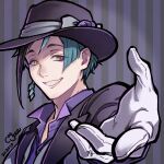  1boy bishounen black_jacket bow brown_eyes collared_shirt coogee dated earrings eel_boy floyd_leech foreshortening gloves grey_bow grin hat hat_bow heterochromia highres jacket jewelry looking_at_viewer male_focus purple_eyeliner purple_headwear purple_shirt reaching reaching_towards_viewer sharp_teeth shirt shoe_dangle signature single_earring smile solo striped striped_background teeth twisted_wonderland upper_body vertical_stripes white_gloves yellow_eyes 