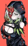  1girl breasts cleavage cowboy_shot detached_sleeves diabellestarr_the_dark_witch dress duel_monster green_eyes green_hair half_mask highres hood hood_up large_breasts mask multicolored_hair pale_skin red_background red_mask solo synchroman yu-gi-oh! 