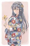  1girl alternate_costume black_hair brown_eyes checkered_clothes commission cowboy_shot floral_print flower hair_between_eyes hair_flower hair_ornament haruna_(kancolle) highres japanese_clothes kantai_collection kimono multicolored_clothes multicolored_kimono skeb_commission solo suzumaru yukata 