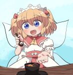  1girl blue_eyes blush dress fairy fairy_wings fang food hair_between_eyes headdress holding holding_spoon open_mouth orange_hair rokugou_daisuke short_hair short_sleeves signature smile solo spoon sunny_milk touhou two_side_up white_dress wings 