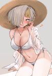  1girl breasts grey_eyes grey_hair highres kromer_(limbus_company) large_breasts limbus_company looking_at_viewer medium_hair migishita multicolored_hair one_eye_covered project_moon simple_background solo two-tone_hair 