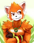  4:5 ailurid anthro bust_portrait cheek_tuft crossed_arms facial_tuft front_view fur glistening glistening_eyes grin hi_res jewelry kuttoyaki looking_aside male mammal necklace nude orange_body orange_eyes orange_fur portrait red_panda shoulder_tuft simple_background smile solo teeth tuft white_body white_fur 