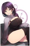  1girl black_thighhighs braid braided_ponytail breasts clenched_teeth duke_(inu_daimyou) green_eyes grey_sweater large_breasts long_hair looking_at_viewer love_live! love_live!_school_idol_project purple_hair ribbed_sweater sitting smile solo sweater teeth thighhighs thighs toujou_nozomi turtleneck turtleneck_sweater white_background 