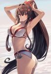  1girl anchor armpits arms_up ass beach bikini breasts brown_eyes brown_hair cherry_blossoms cleavage commentary_request flower from_side hair_between_eyes hair_flower hair_intakes hair_ornament high_ponytail highres kantai_collection kasumi_(skchkko) large_breasts long_hair looking_at_viewer ocean outdoors parted_lips ponytail red_bikini smile solo swimsuit turning_head two-tone_bikini tying_hair very_long_hair wet white_bikini yamato_(kancolle) 